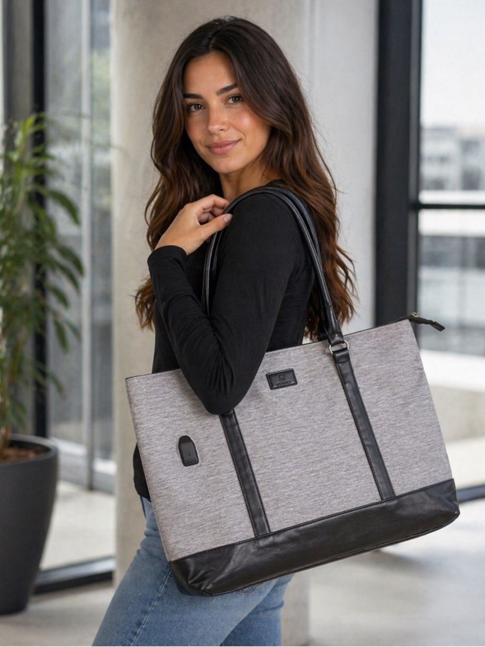 Modern Gray and Black Laptop Tote with Sleek Design